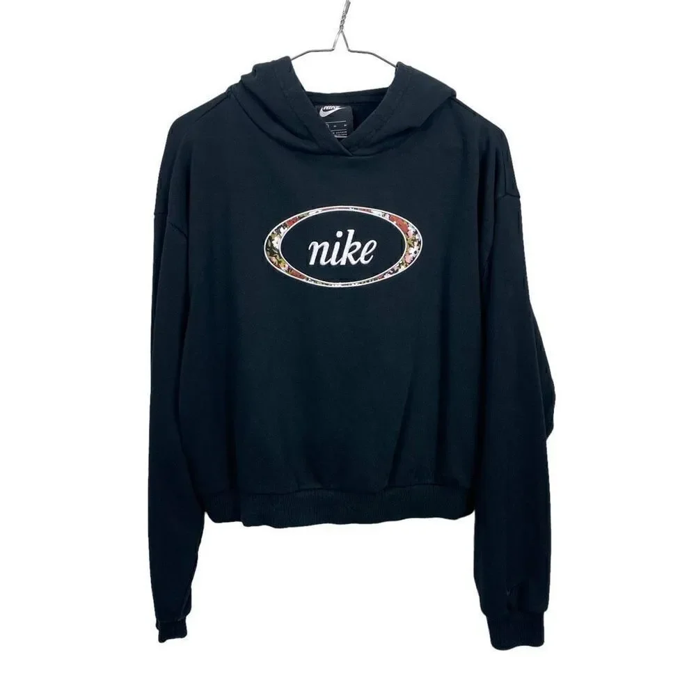 Nike Women's Black Floral Print Crop Pullover Hoodie